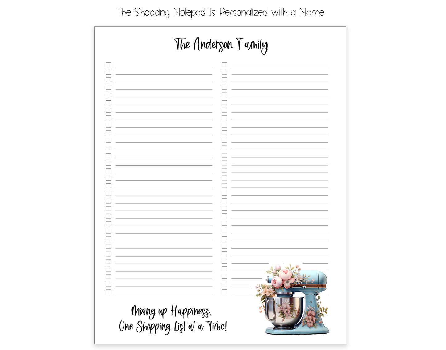 Kitchen Mixer and Flowers Shopping List Notepad and To Do List Pad