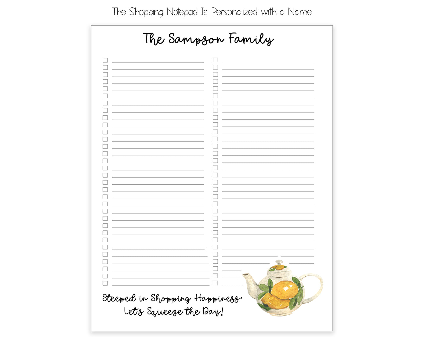 Tea Pot and Lemons Shopping List Notepad and To Do List Pad