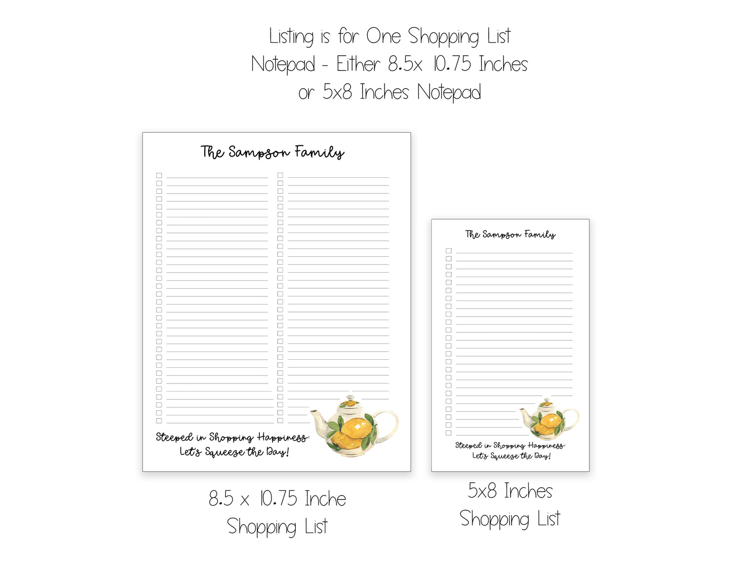 Tea Pot and Lemons Shopping List Notepad and To Do List Pad