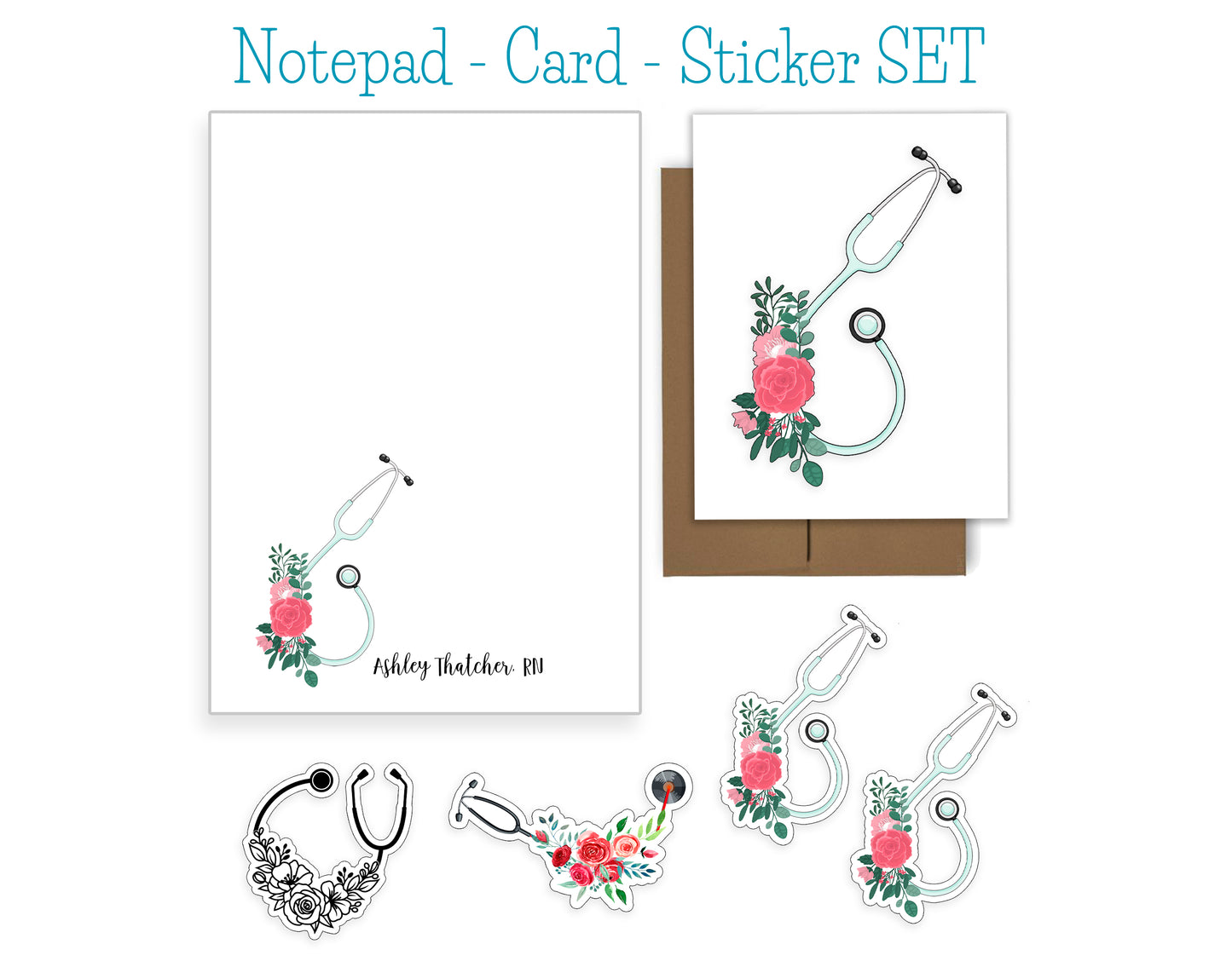 Stethoscope and Flower Notepad, Card and Stickers