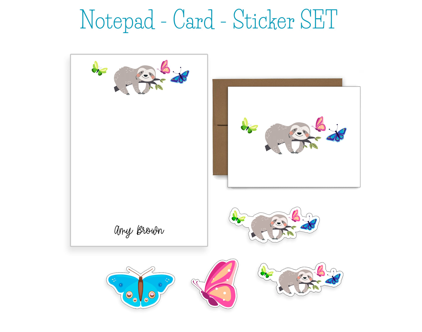 Sloth and Moth Notepad, Card and Stickers