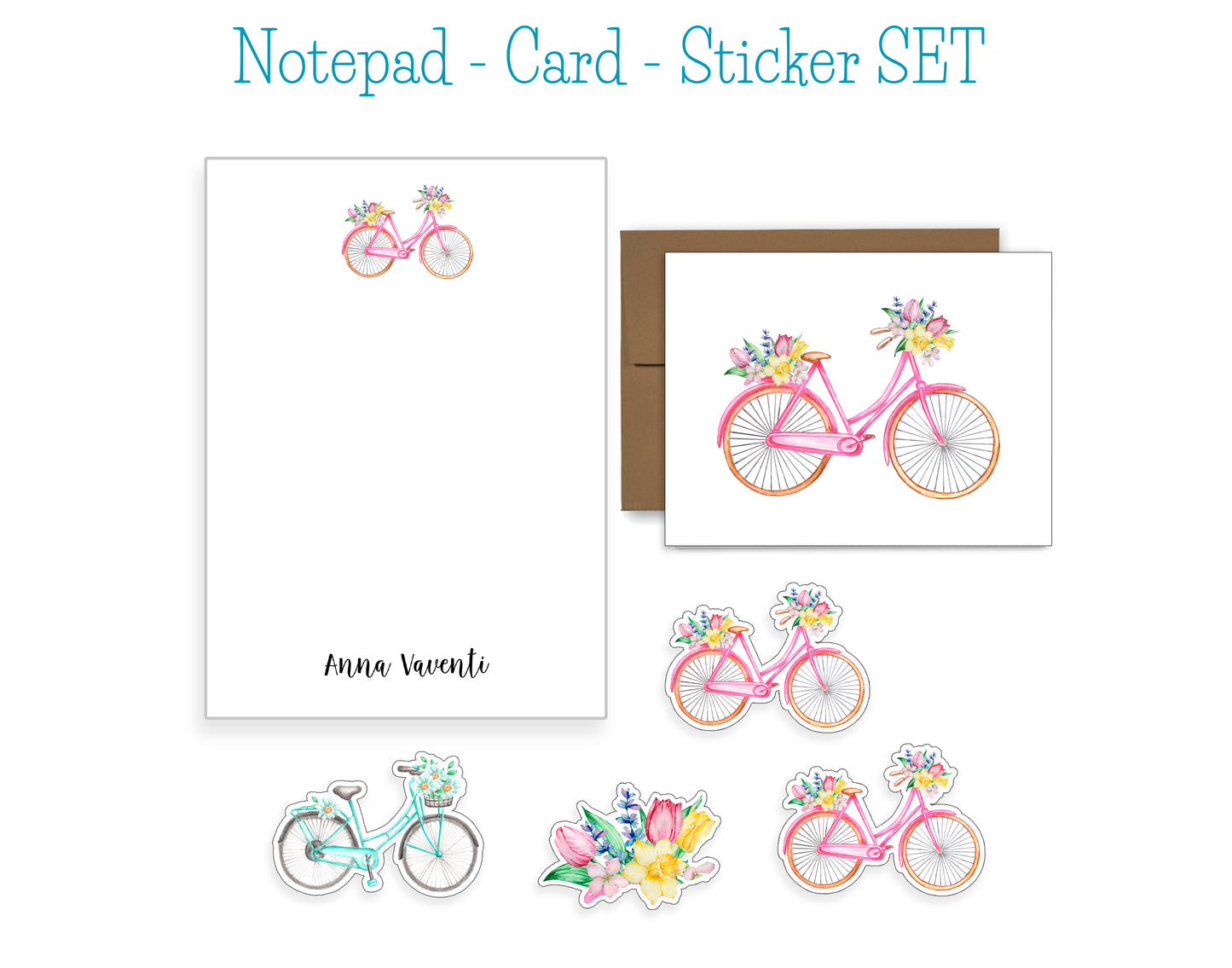 Bike and Flowers Notepad, Card and Stickers