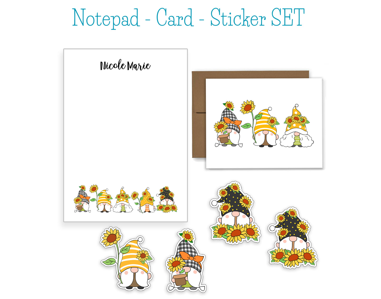 Sunflower Gnome Notepad, Card and Stickers