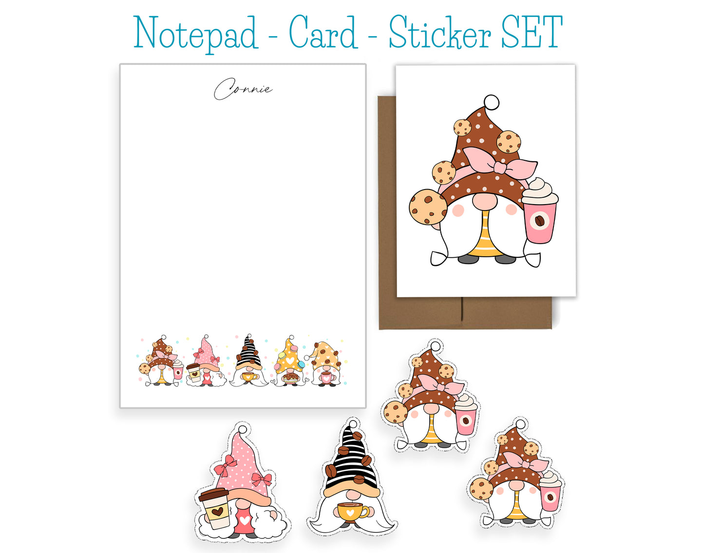 Coffee and Cookie Gnome Notepad, Card and Stickers