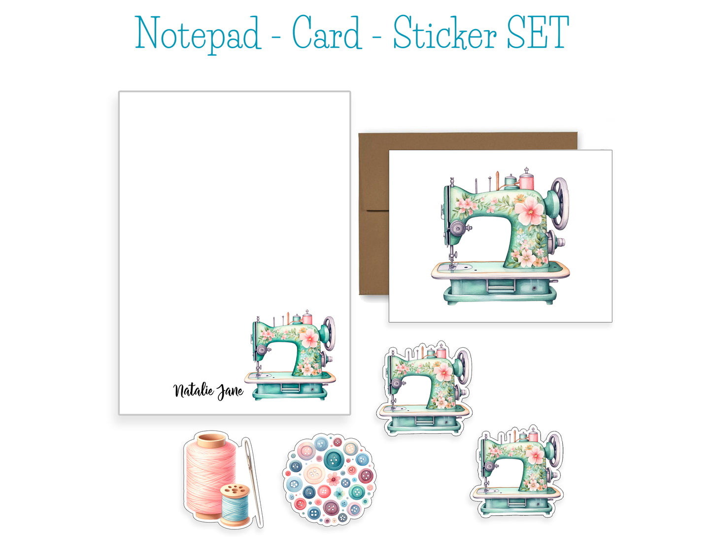 Sewing Machine with Flowers Notepad, Card and Stickers
