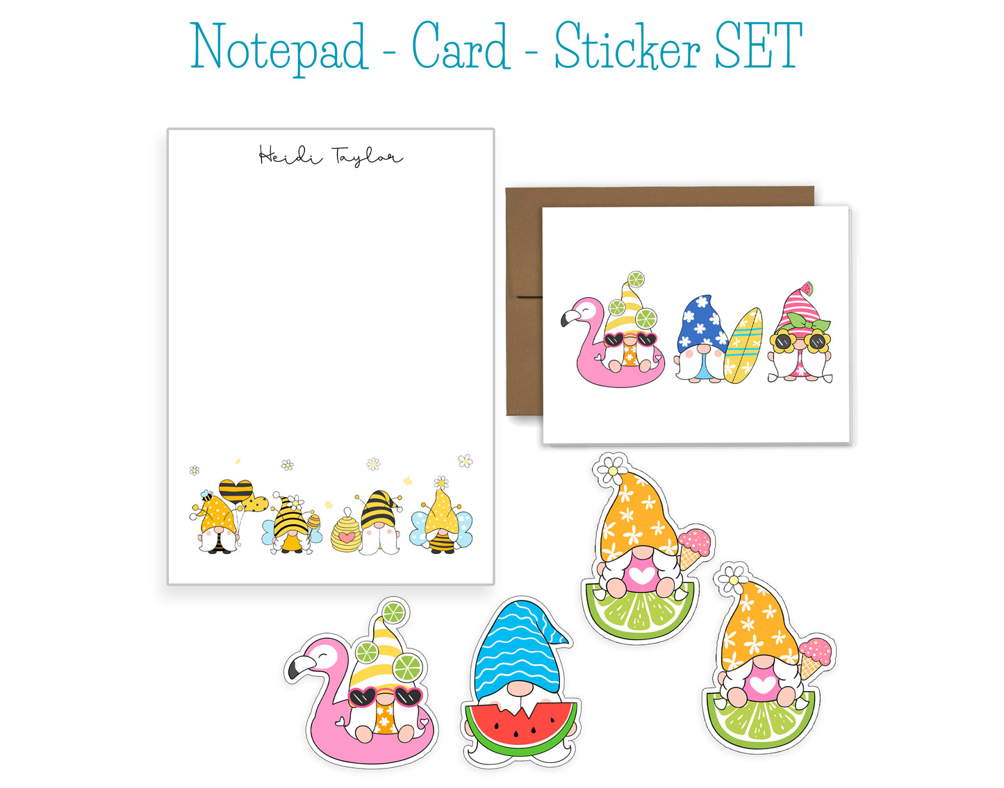 Summer Gnome Notepad, Card and Stickers