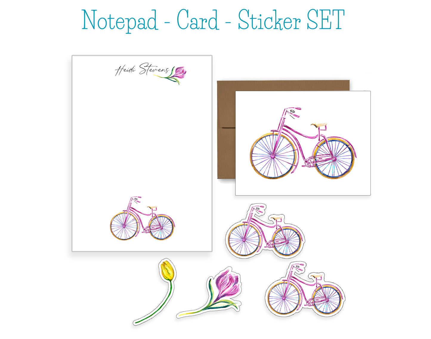 Bike and Flowers Notepad, Card and Stickers