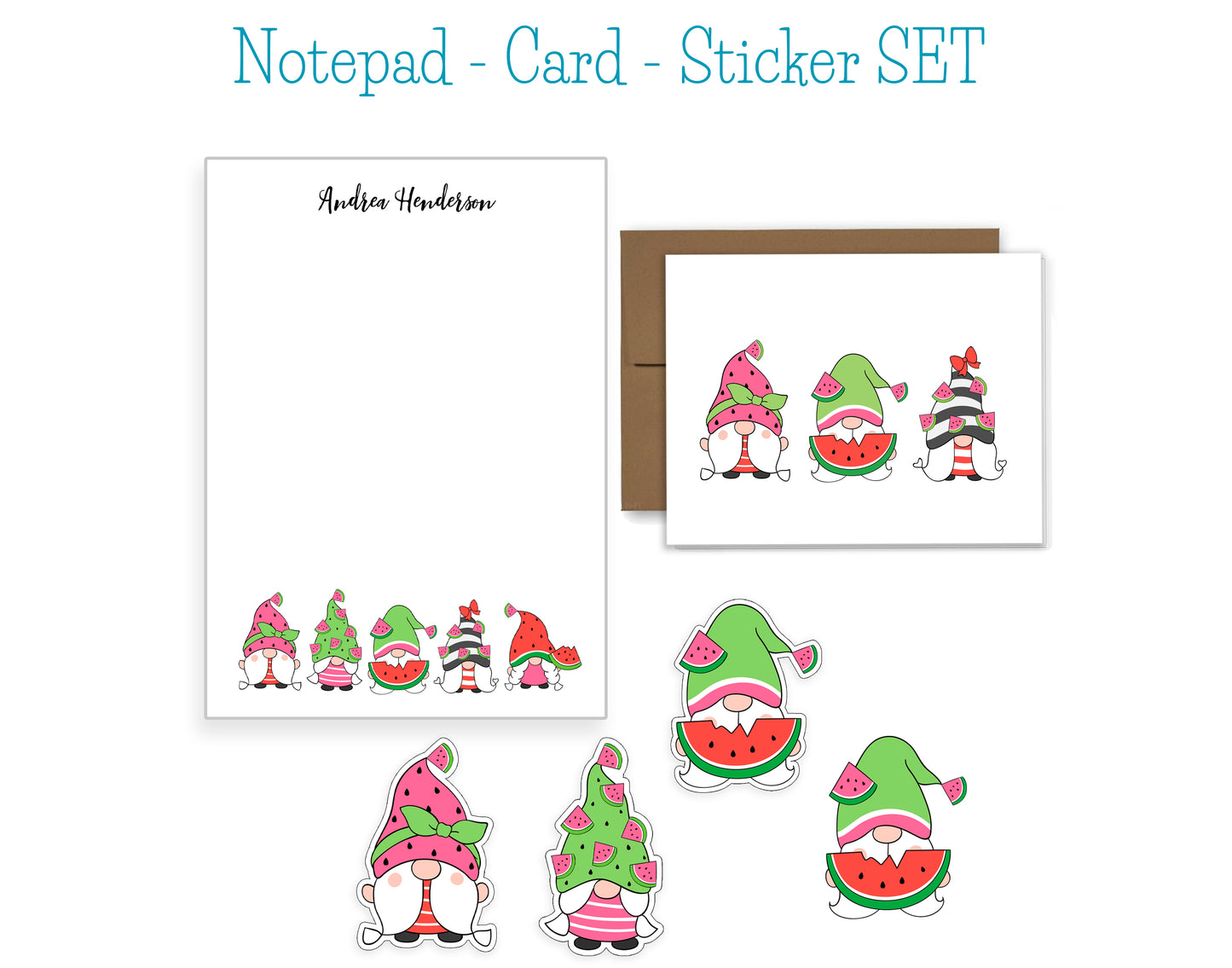 Watermelon Gnome Notepad, Card and Stickers