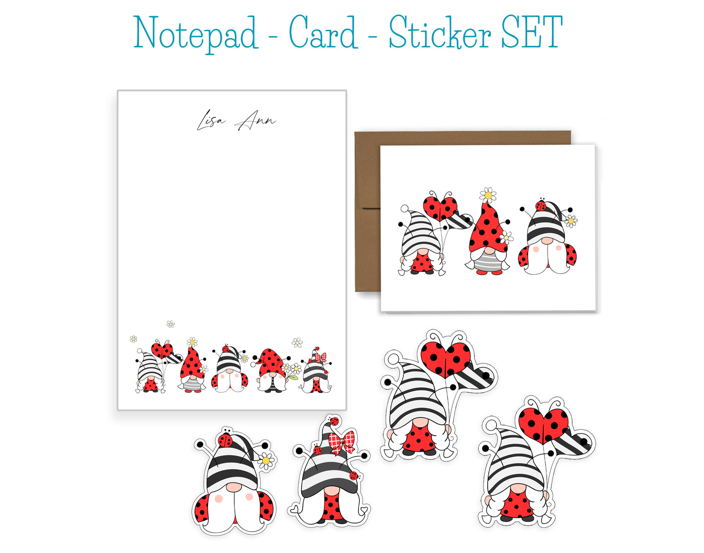 Ladybug Gnome Notepad, Card and Stickers