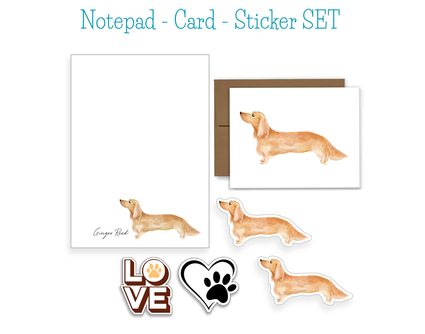 Blonde Long Hair Dachshund Dog Notepad, Card and Stickers