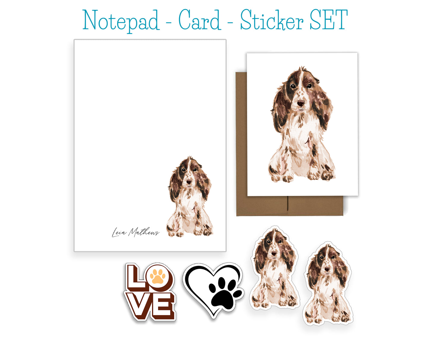 Brown and White Cocker Spaniel Dog Notepad, Card and Stickers