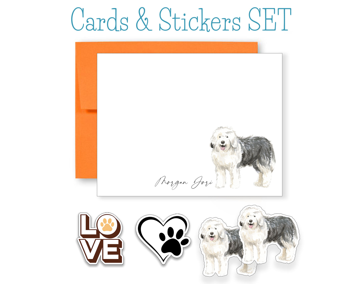 Old English Sheepdog Folded Note Cards and Stickers