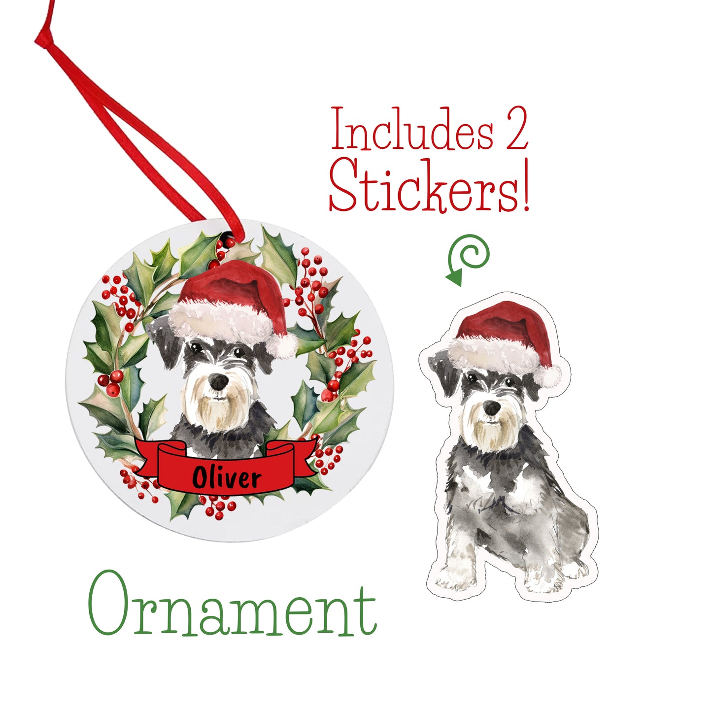 Miniature Schnauzer Dog Christmas Ornament and Stickers
