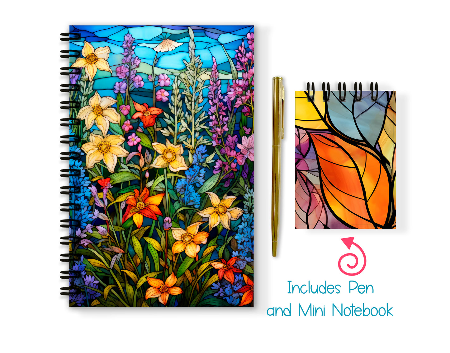 Stained Glass Soft or Hard Cover Notebook and Pen Set