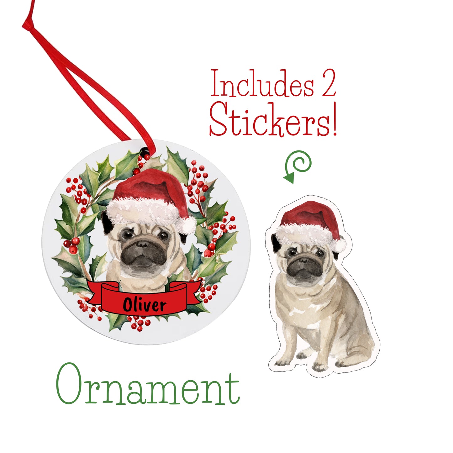 Pug Dog Christmas Ornament and Stickers