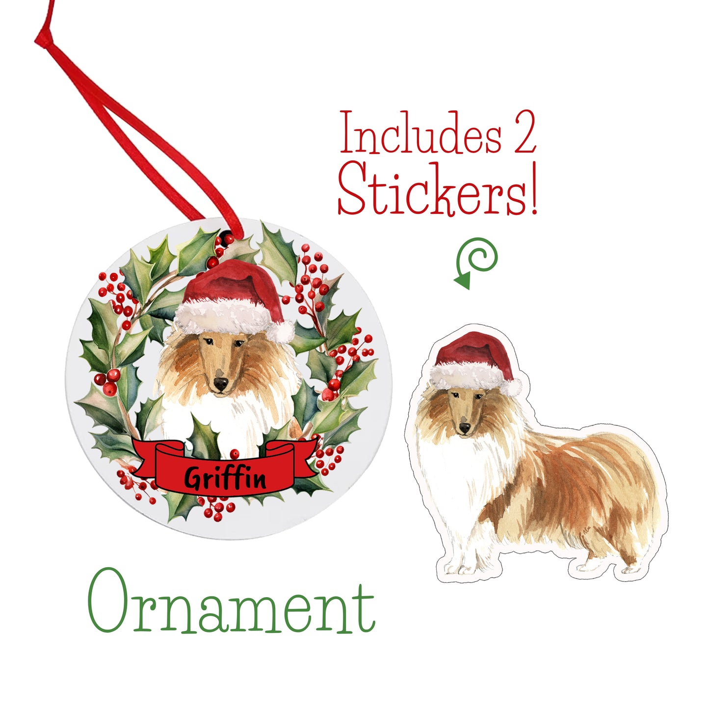 Rough Collie Dog Christmas Ornament and Stickers