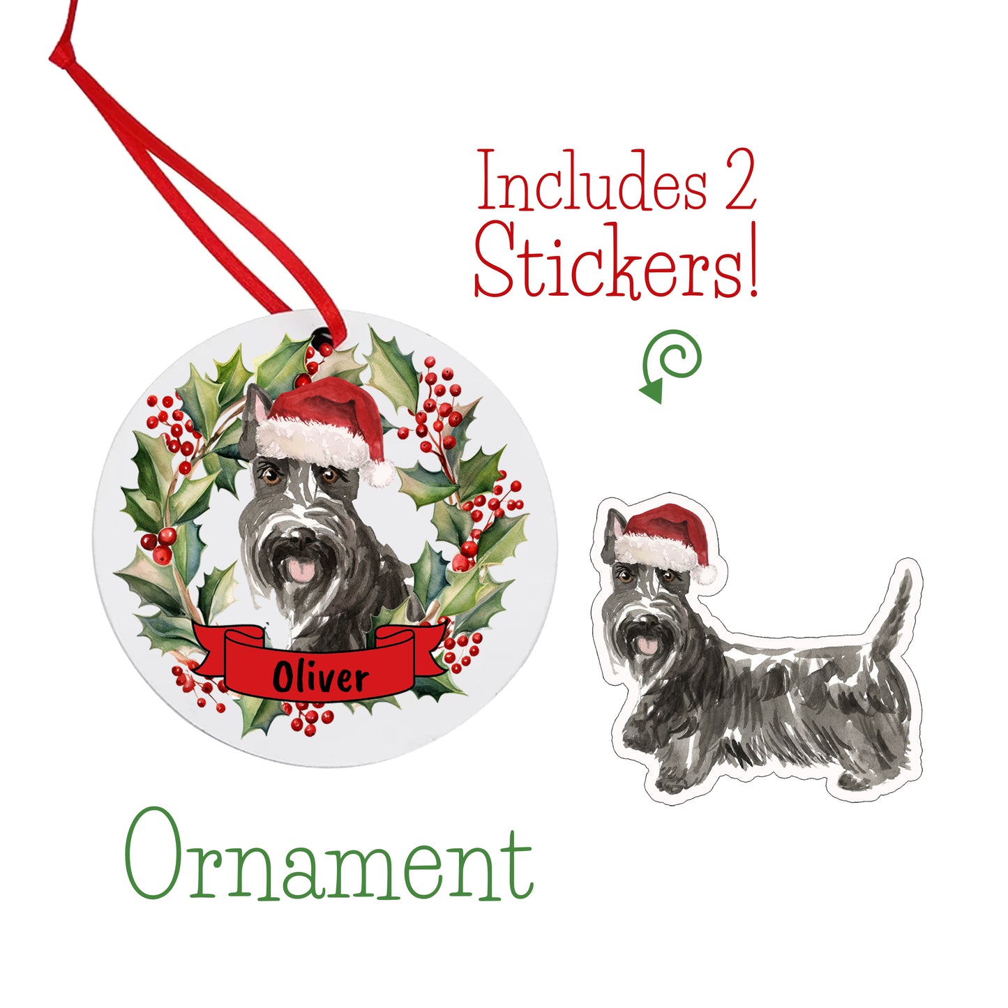 Scottish Terrier Dog Christmas Ornament and Stickers