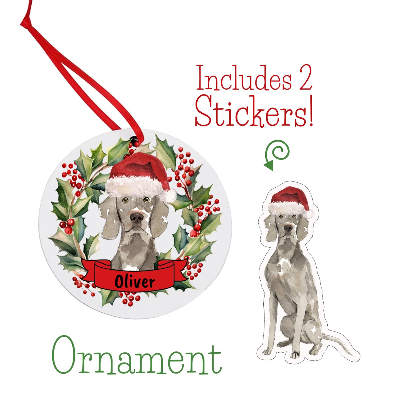 Weimaraner Dog Christmas Ornament and Stickers