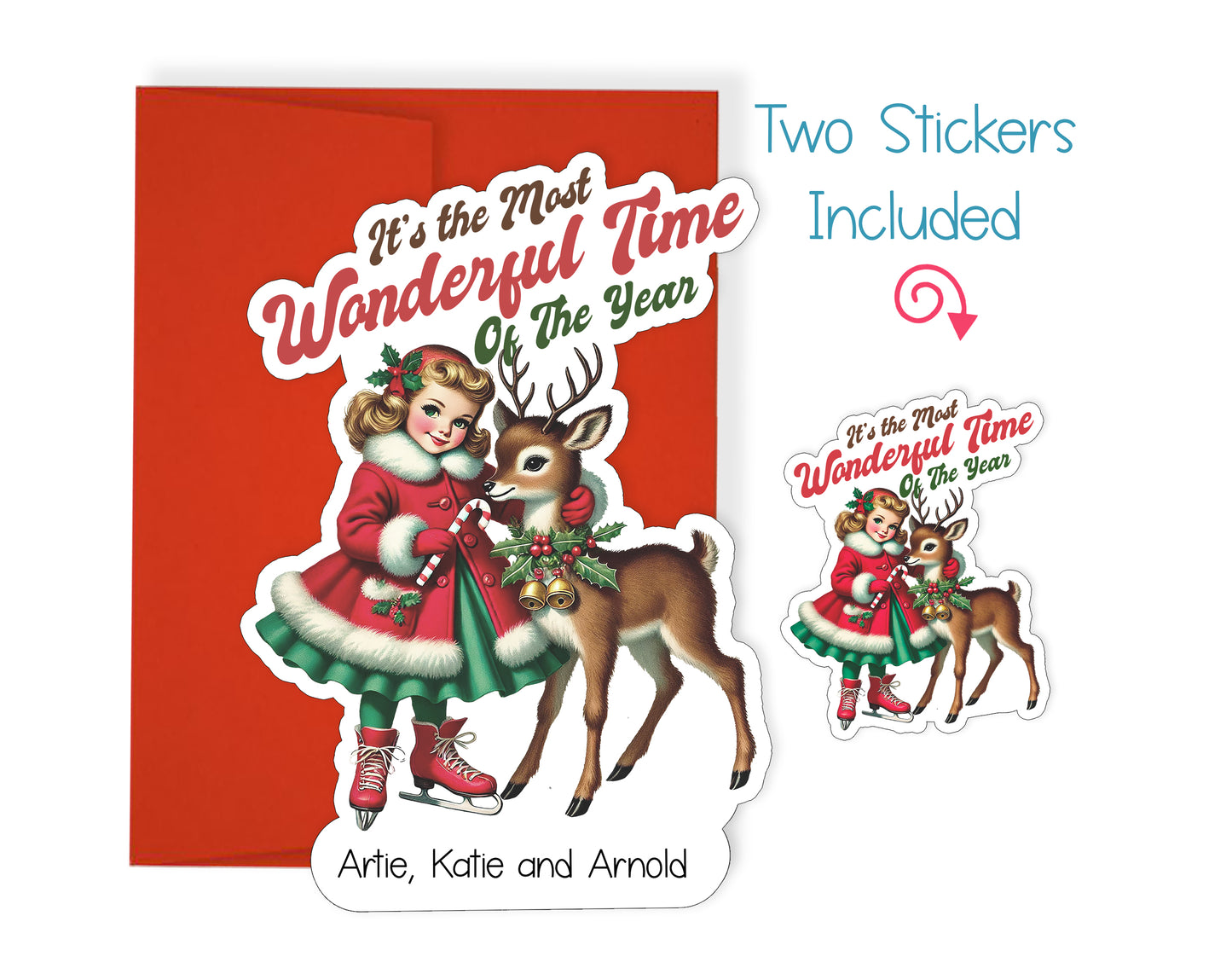 Vintage Girl and Deer Christmas Card