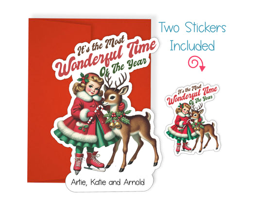 Vintage Girl and Deer Christmas Card