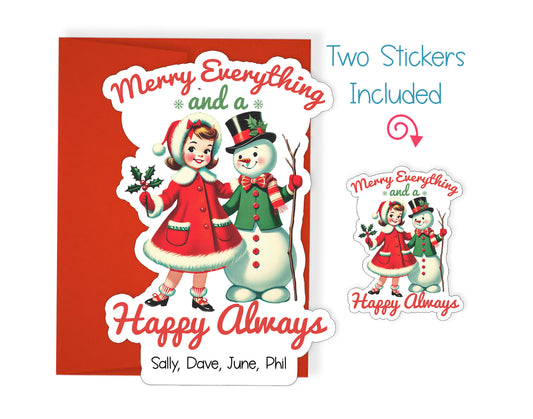 Vintage Girl and Snowman Christmas Card