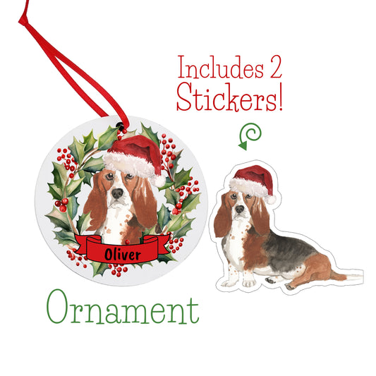 Basset Hound Christmas Ornament and Stickers