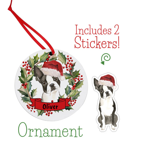 Boston Terrier Christmas Ornament and Stickers