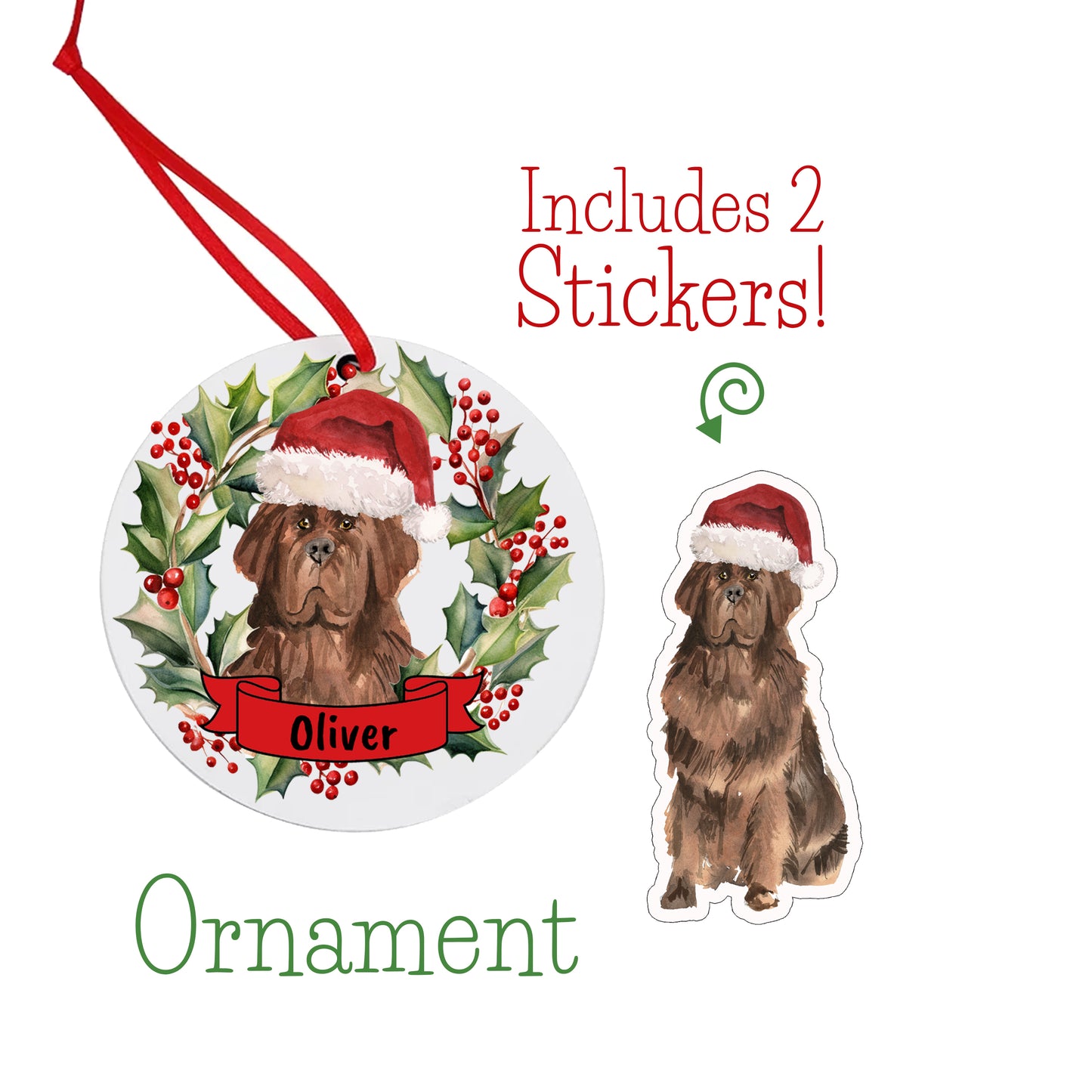 Brown Newfoundland Dog Christmas Ornament and Stickers