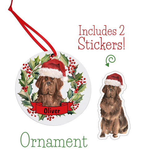 Brown Newfoundland Dog Christmas Ornament and Stickers