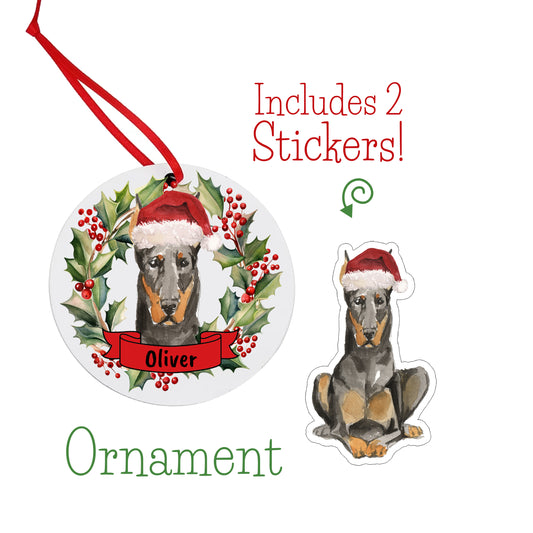 Doberman Christmas Ornament and Stickers