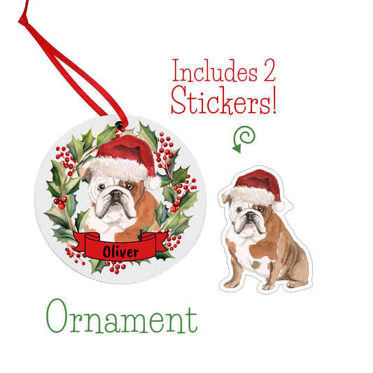 English Bulldog Christmas Ornament and Stickers