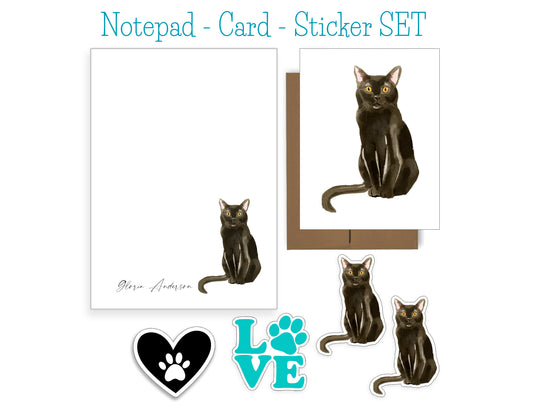 Black Watercolor Cat Notepad and Stickers