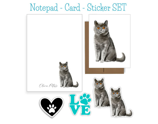 Grey Watercolor Cat Notepad and Stickers