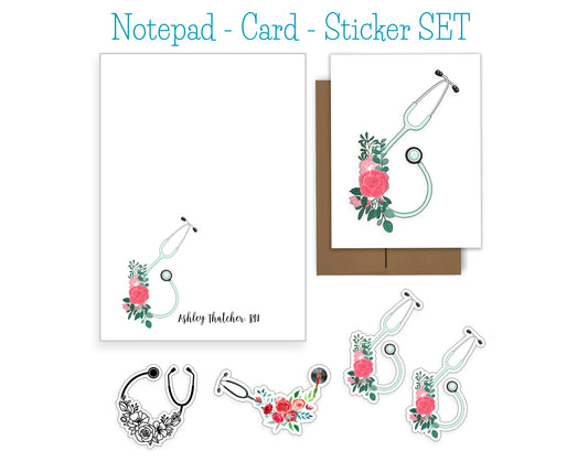 Stethoscope and Flower Notepad, Card and Stickers