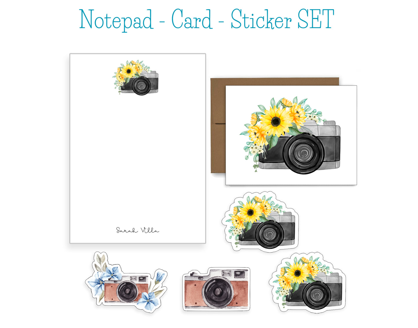 Camera and Flowers Notepad, Card and Stickers