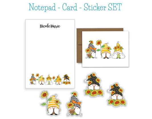 Sunflower Gnome Notepad, Card and Stickers