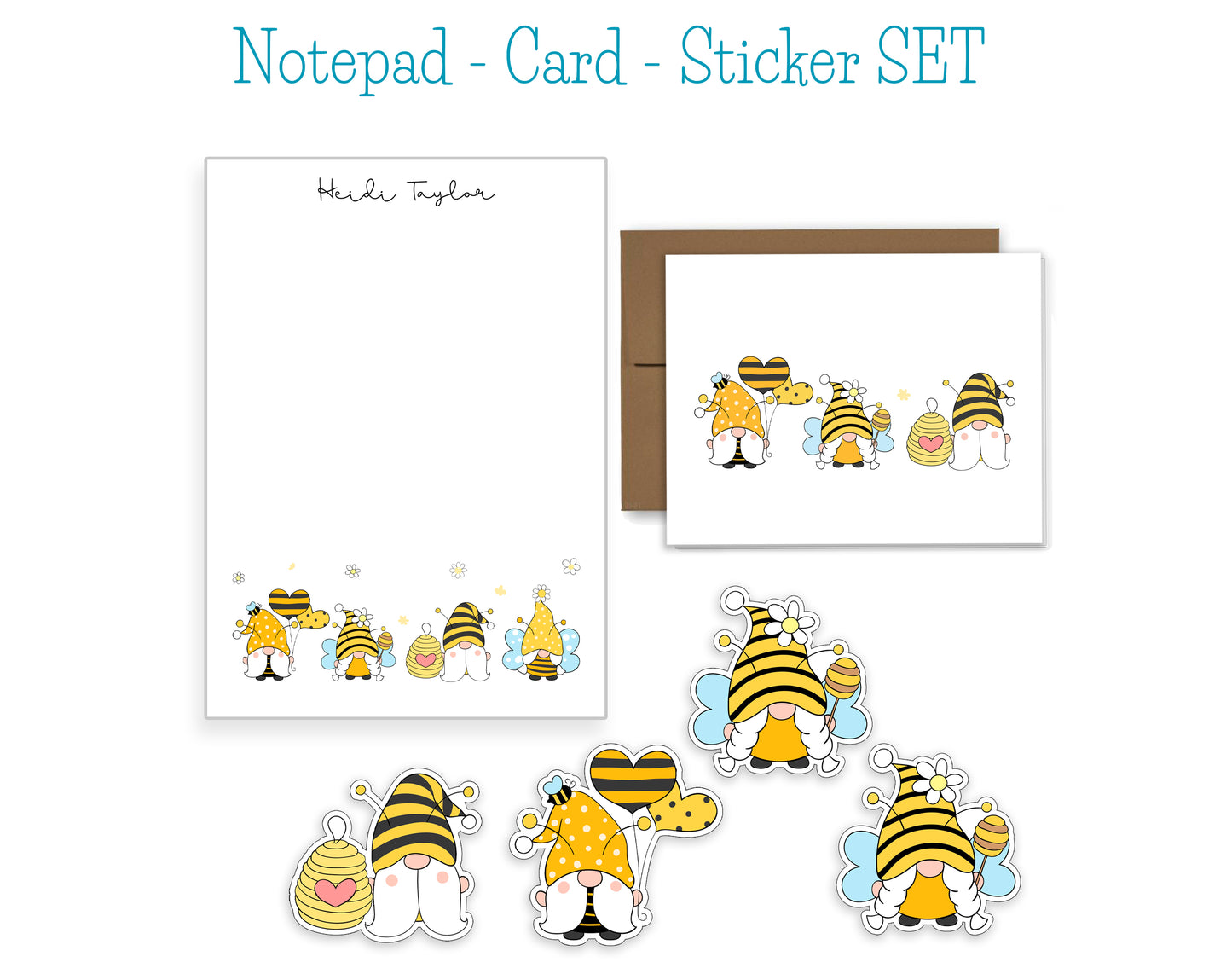 Bumble Bee Gnome Notepad, Card and Stickers