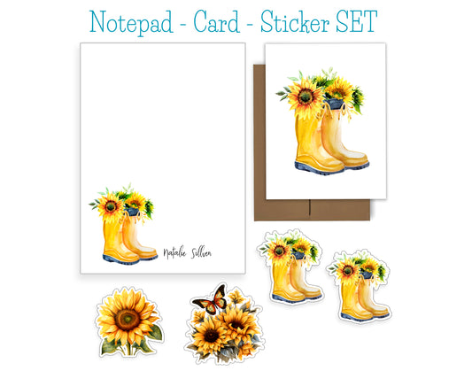 Yellow Rainboots and Sunflower Notepad, Card and Stickers