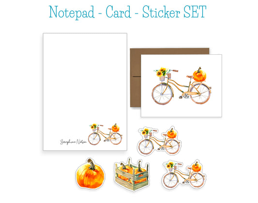 Bike and Pumpkins Notepad, Card and Stickers