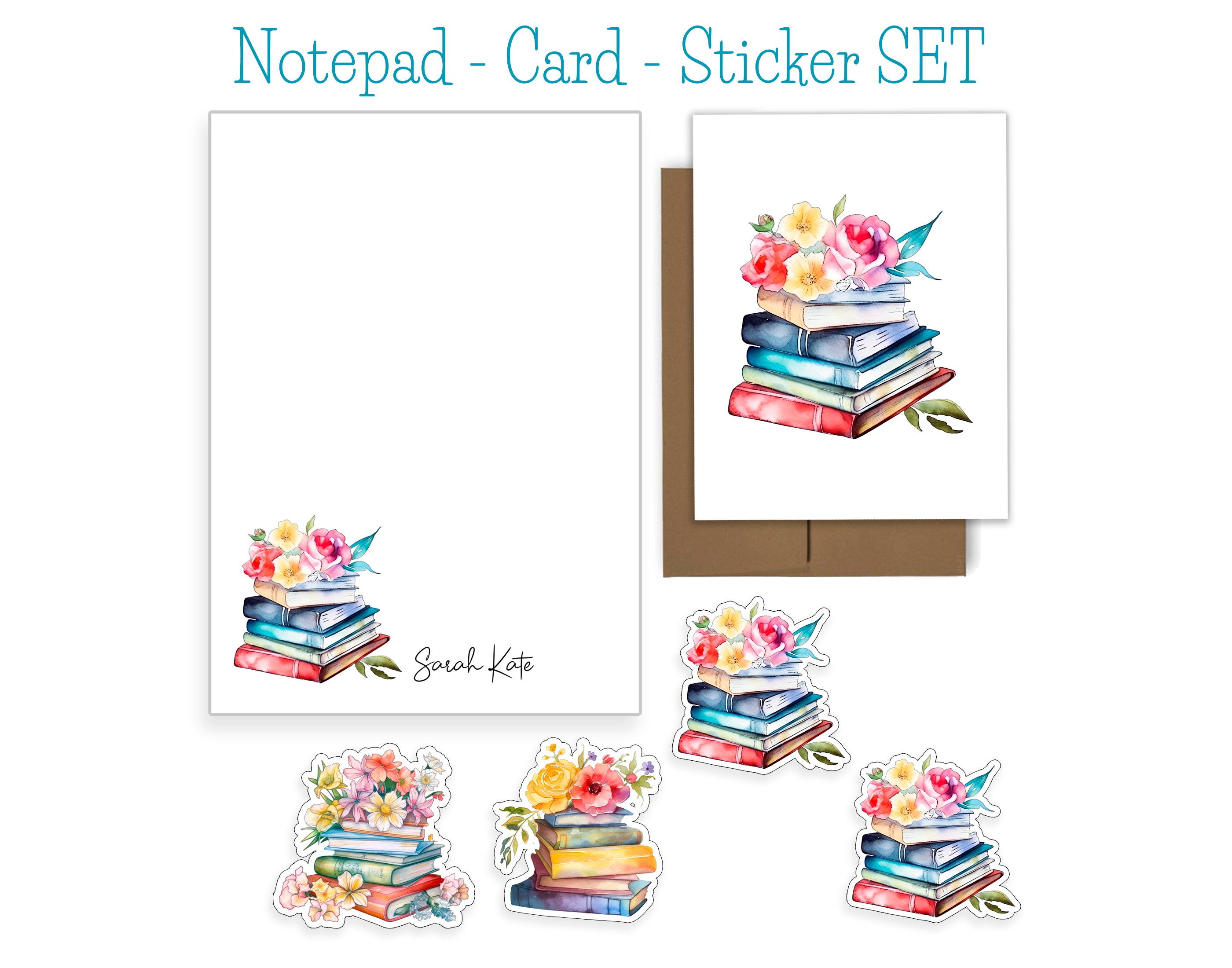 Books and Flowers Notepad, Card and Stickers – Katalie