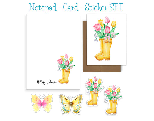 Rainboots and Flower Notepad, Card and Stickers