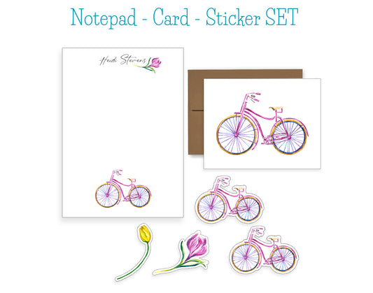Bike and Flowers Notepad, Card and Stickers