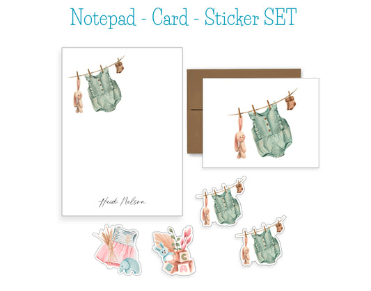 Baby Bunny and Romper Notepad, Card and Stickers