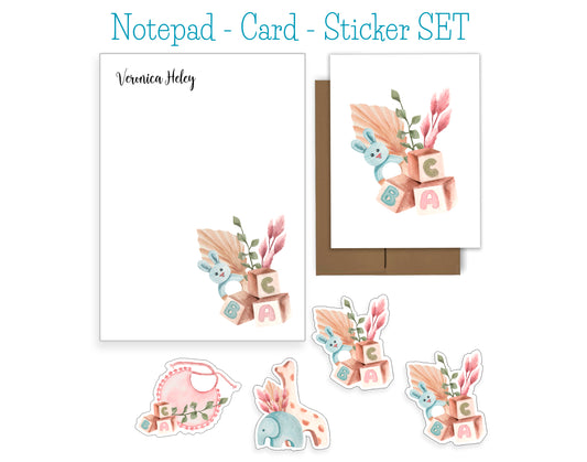 Baby ABC Blocks and Bunny Toy Notepad, Card and Stickers