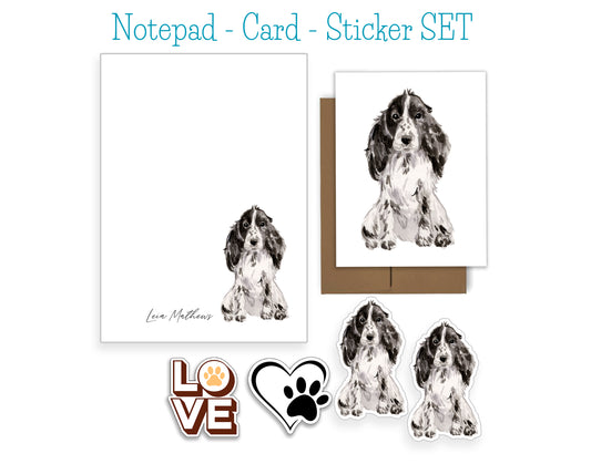 Black and White Cocker Spaniel Dog Notepad, Card and Stickers