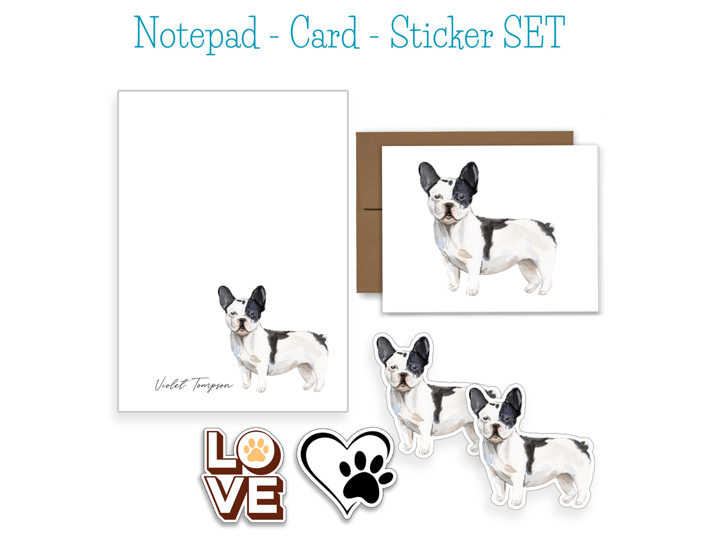 Black and White French Bulldog Dog Notepad, Card and Stickers