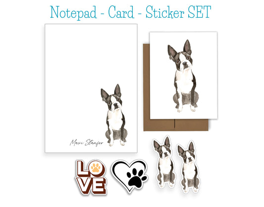 Boston Terrier Dog Notepad, Card and Stickers