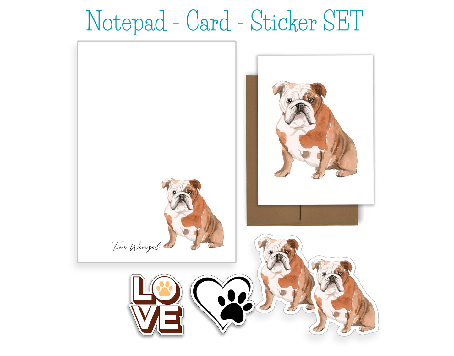 English Bulldog Dog Notepad, Card and Stickers