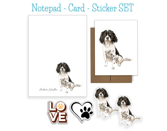 Black and White English Springer Spaniel Dog Notepad, Card and Stickers