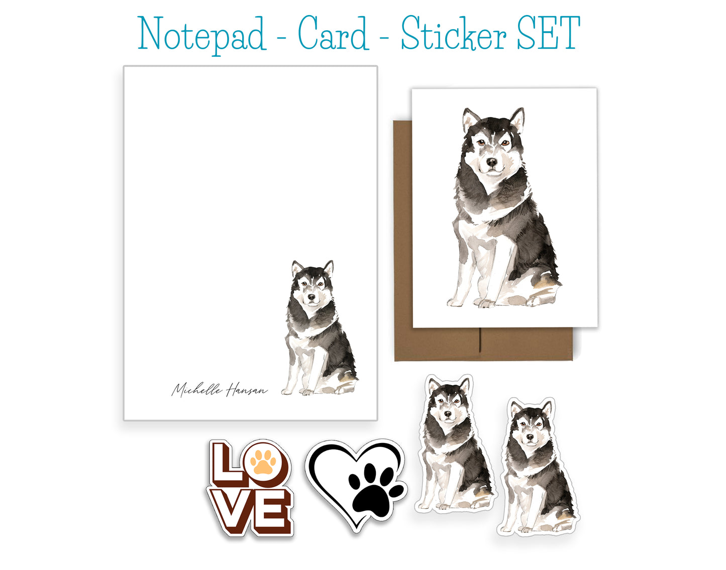 Malamute Dog Notepad, Card and Stickers